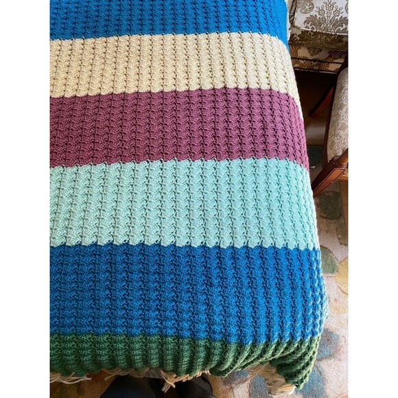 Handmade crochet striped multicolor heavyweight throw blanket afghan 84”x72” - Picture 2 of 10